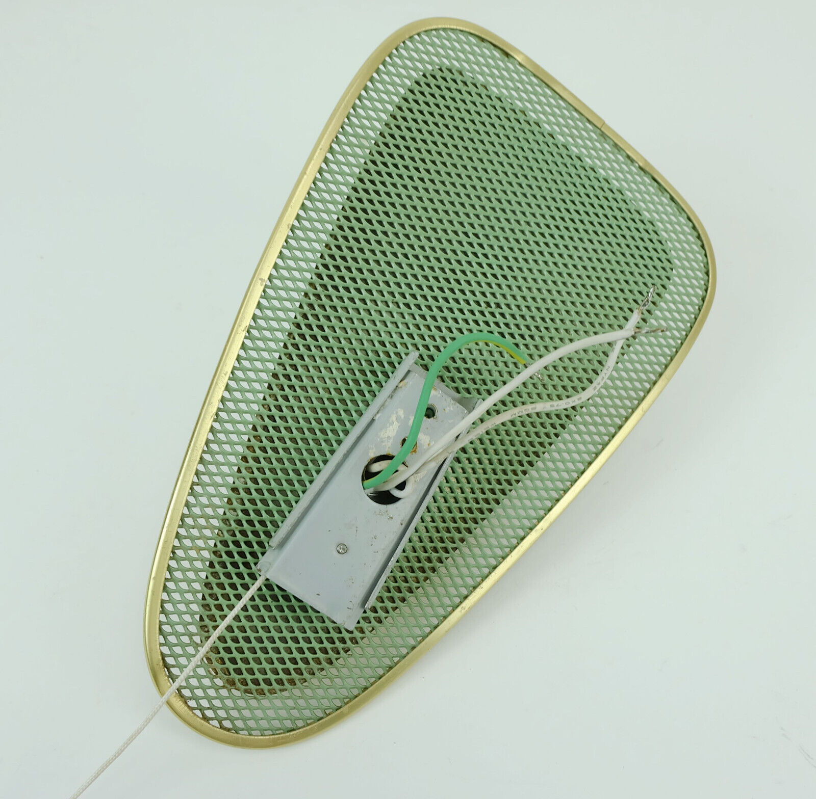 1950s sconce green metal mesh and brass with white acrylic shade