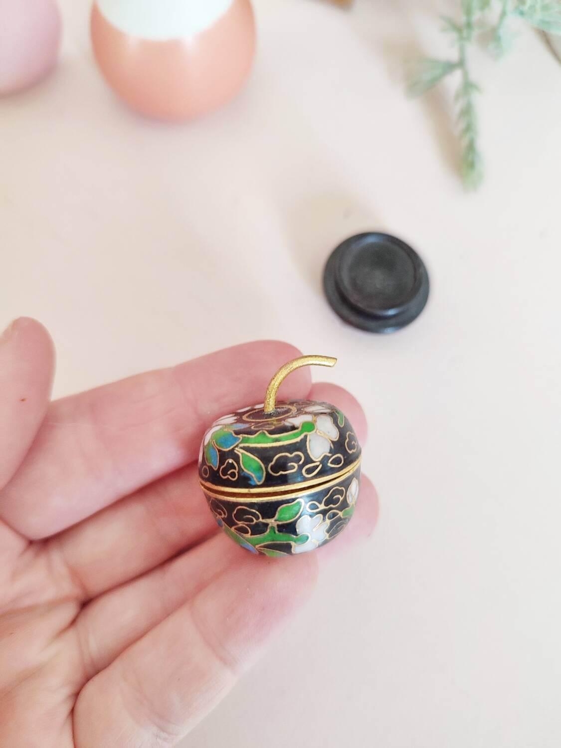 Pill box, small vintage cloisonné pill box in apple