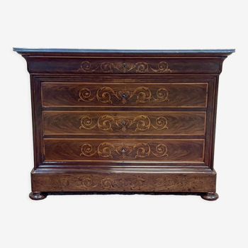 Chest of drawers nineteenth in mahogany and inlay of blond mahogany, oak and gray marble top