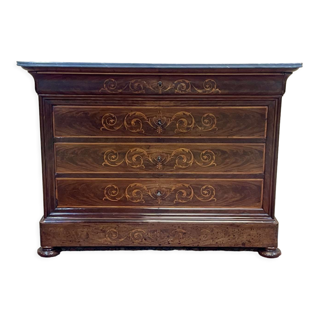 Commode XIXème en acajou et incrustation d'acajou blond, chêne et ...