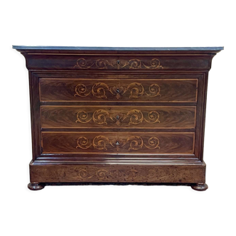 Chest of drawers nineteenth in mahogany and inlay of blond mahogany, oak and gray marble top