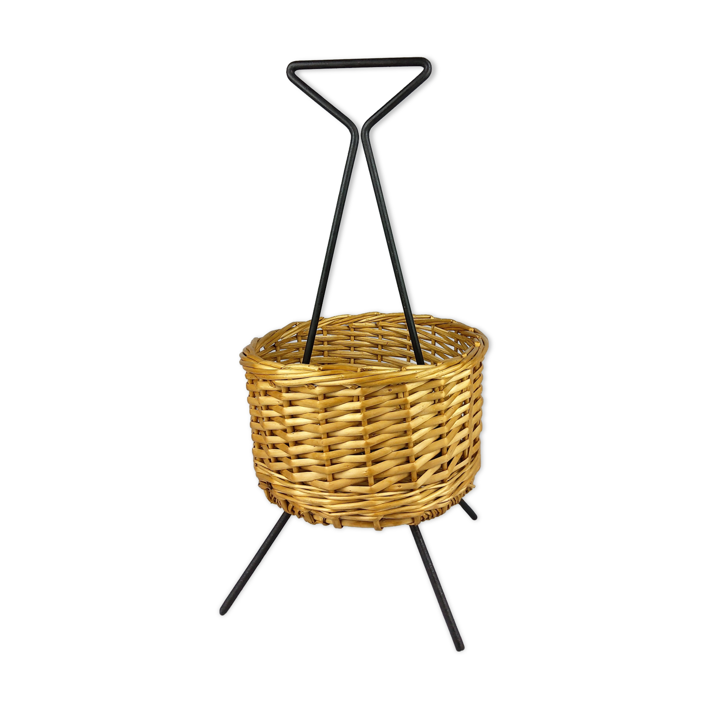Black metal rattan trash can on 1960
