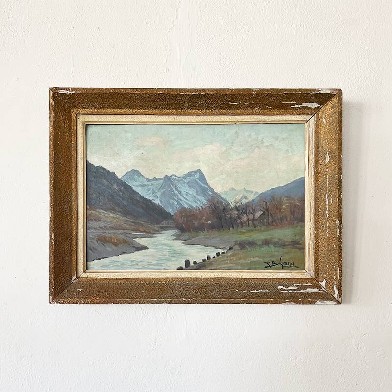Painting "River of the Alps", Oil on panel, framed