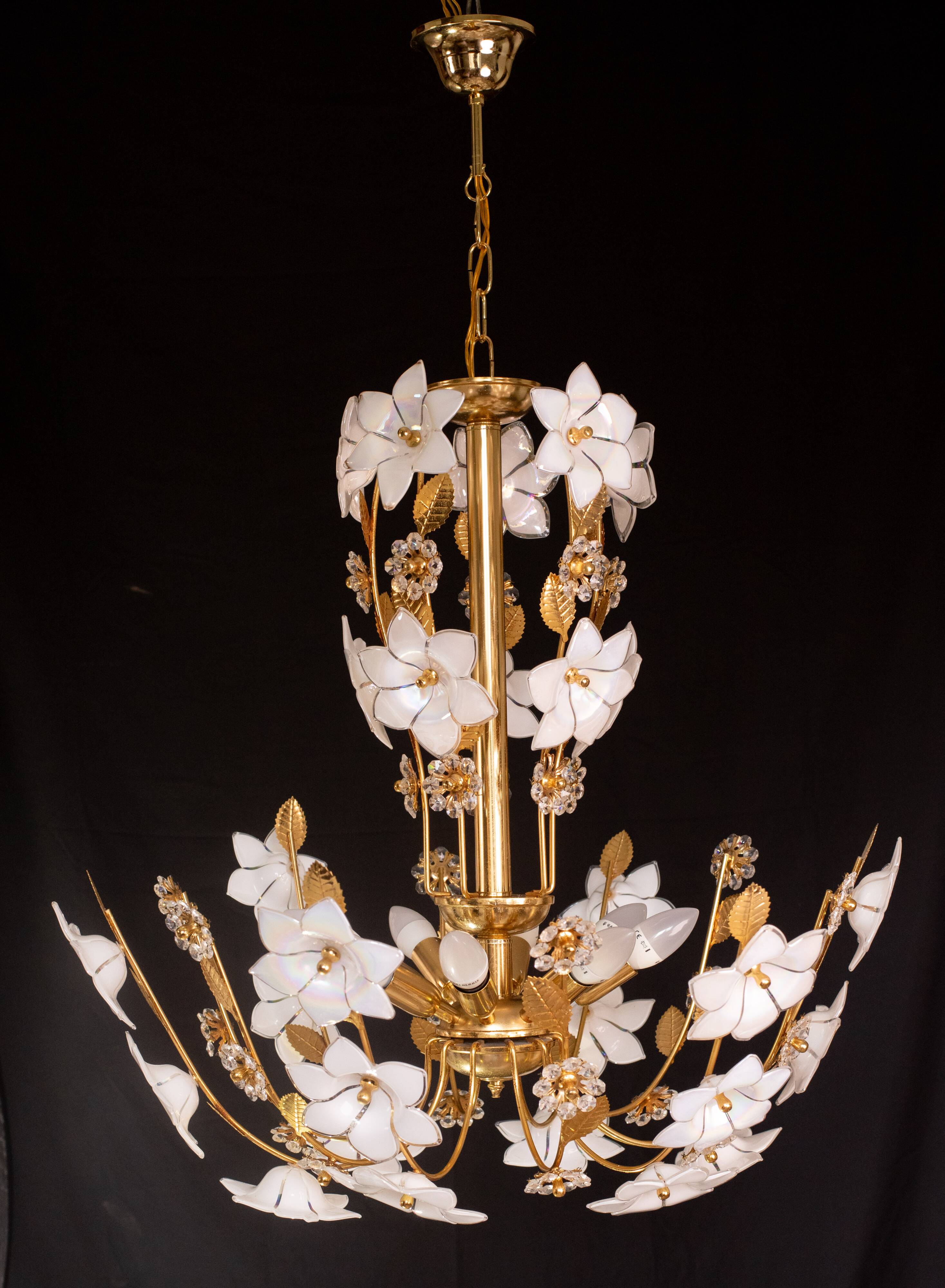 Large Size Vintage Murano Glass Chandelier White Flowers, 1970