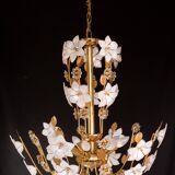 Large Size Vintage Murano Glass Chandelier White Flowers, 1970