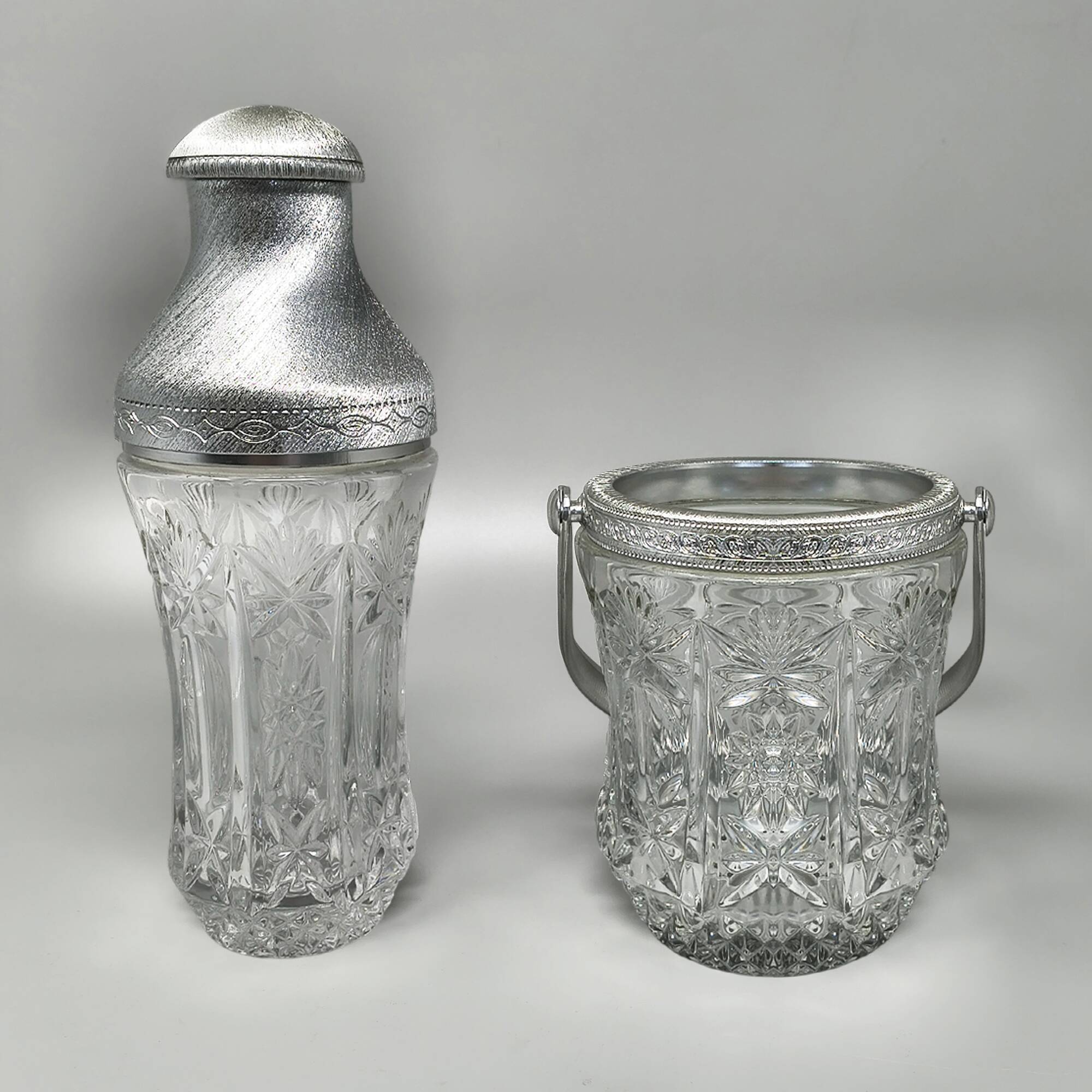 1960s Italian Mid-Century Cut Crystal & Brushed Metal Cocktail Set by Arir
