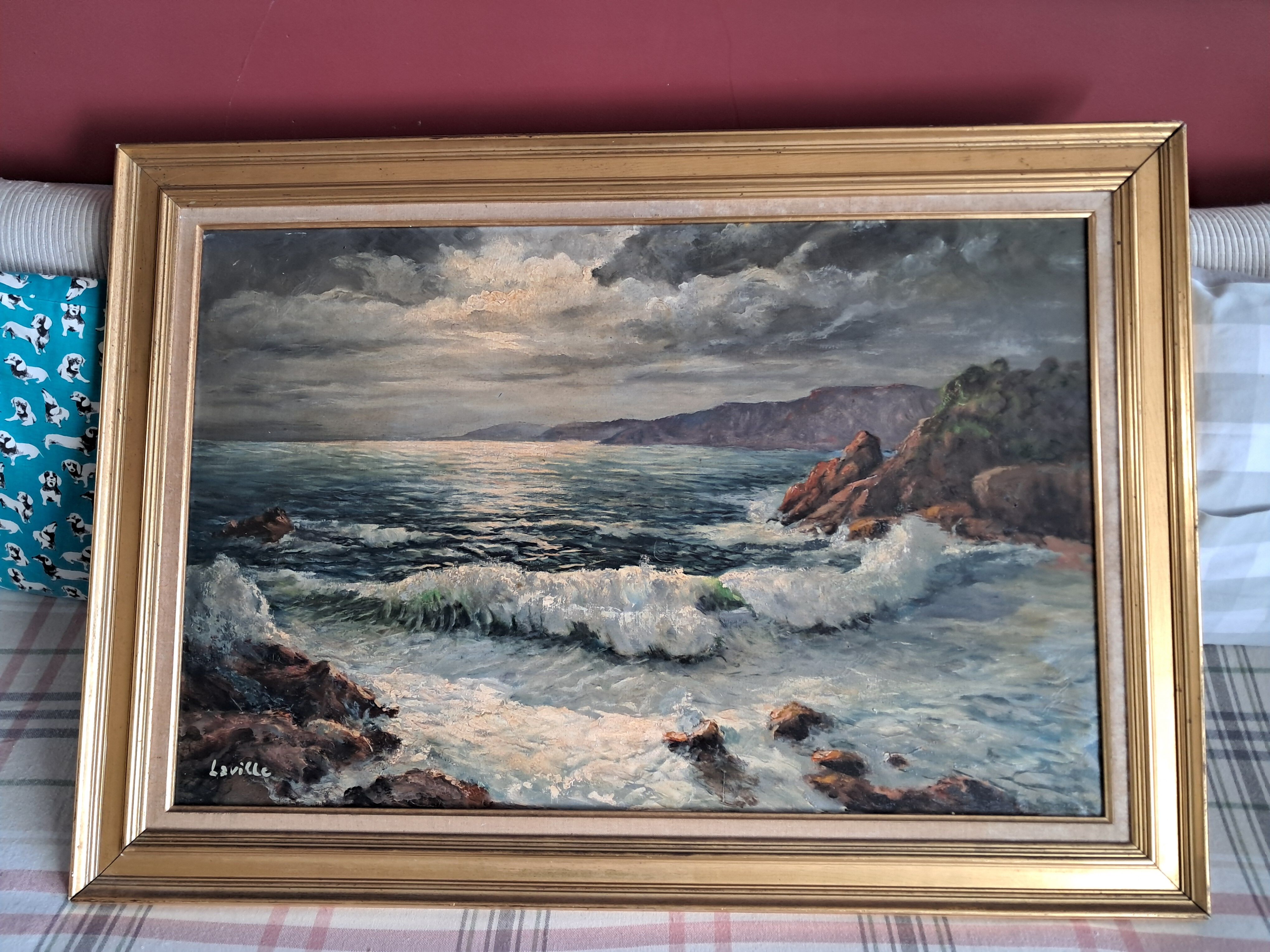 Large old oil painting depicting a seascape.