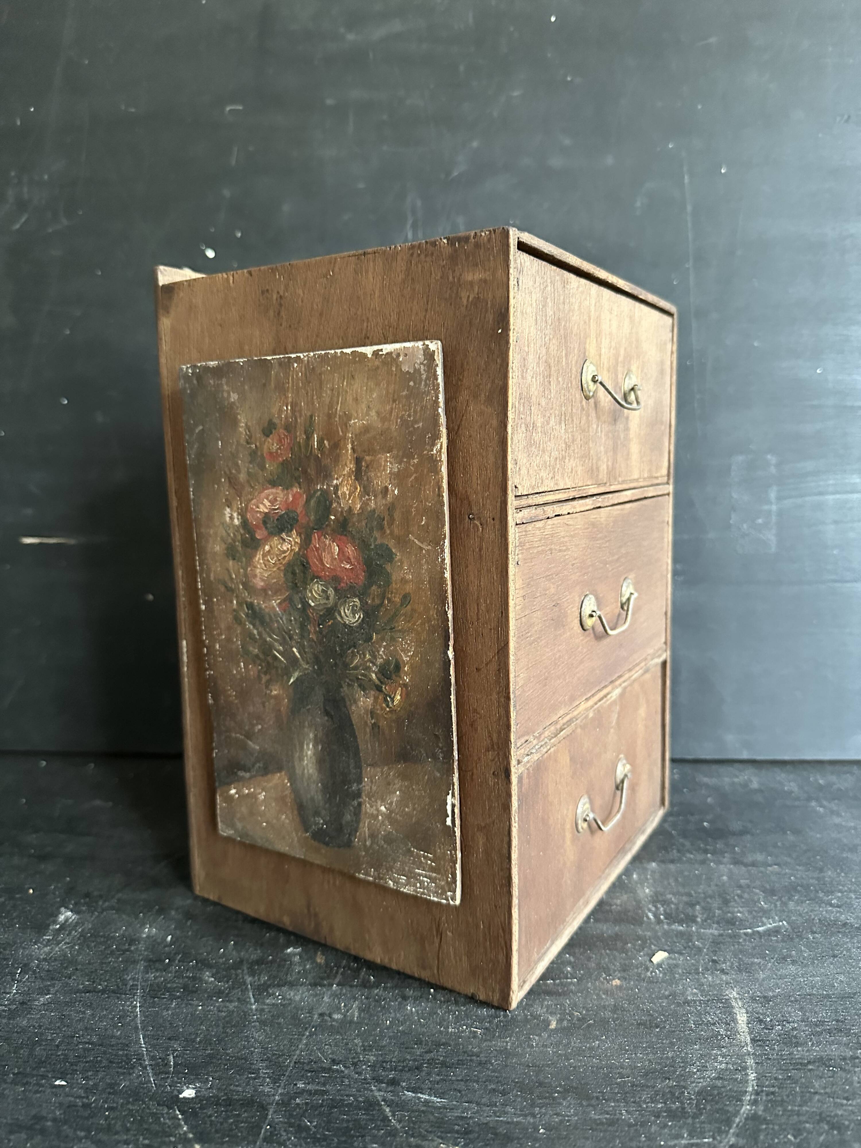 Small antique wooden drawer unit with floral painting, 1900.