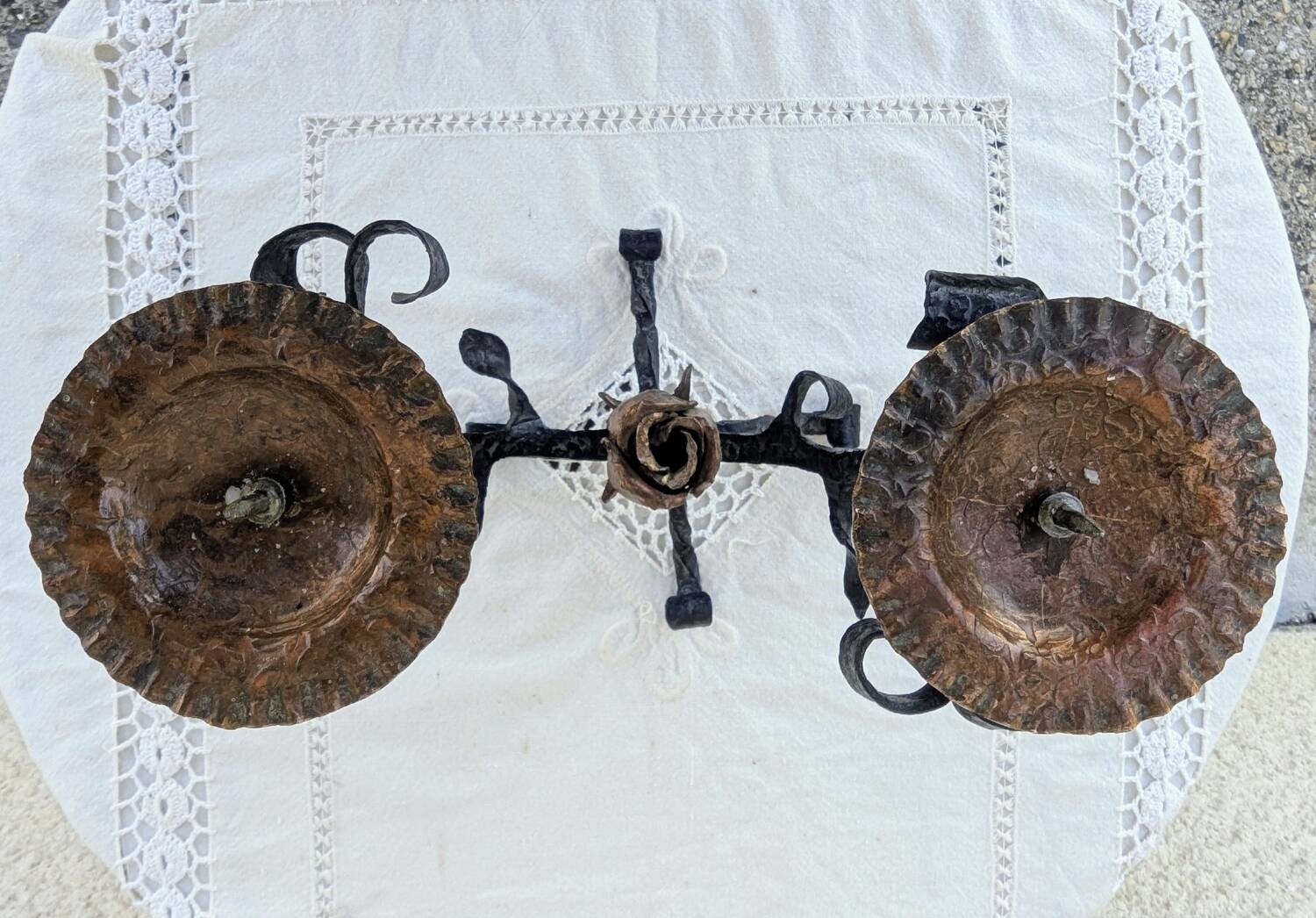 Brutalist Antique Wrought Iron Chandelier Floral Naturalist Candle Holder