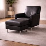 Modern Lounge Armchair with Matching Footstool — Black Leather