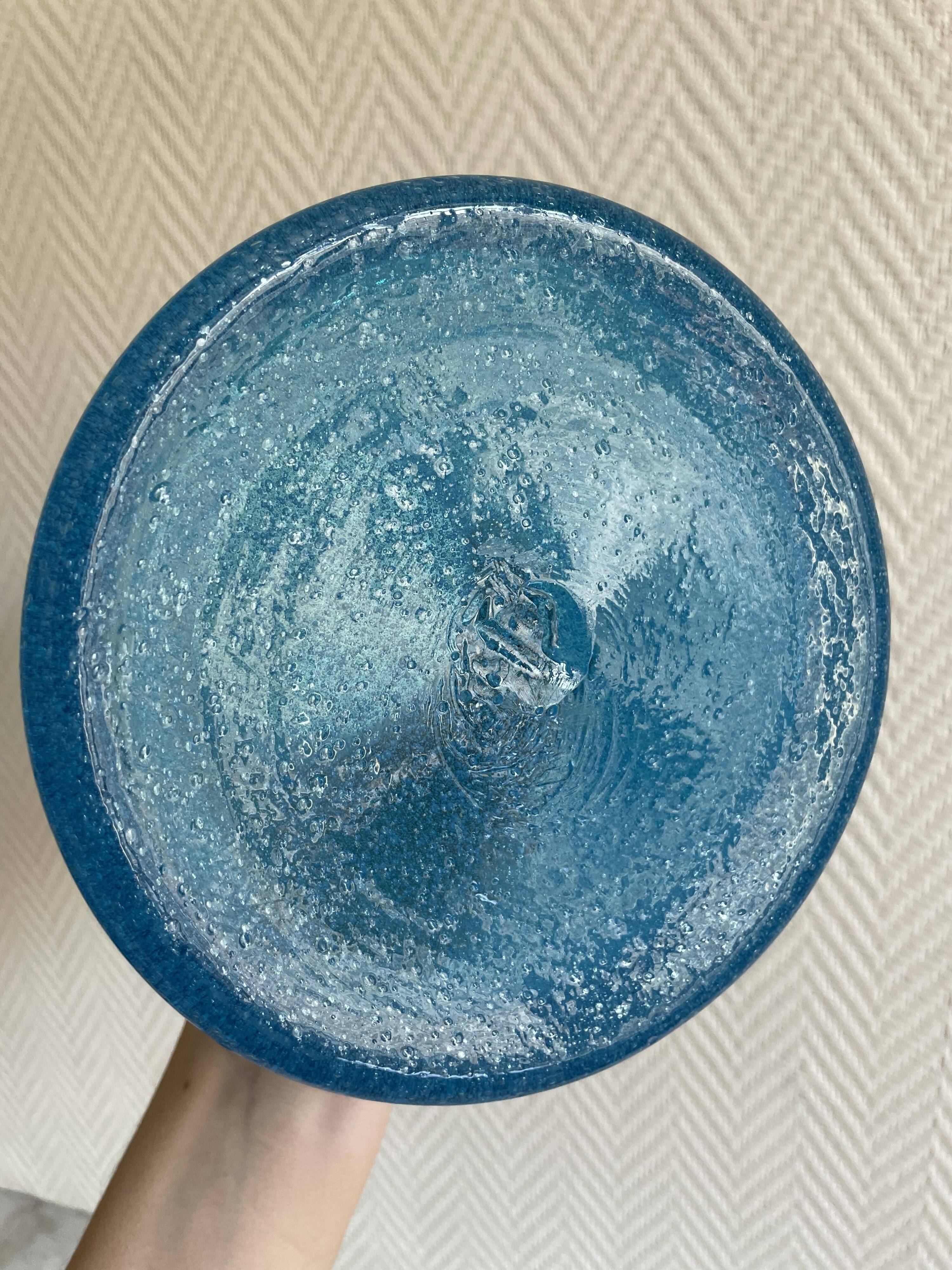 Blue glass vase with encrusted bubbles