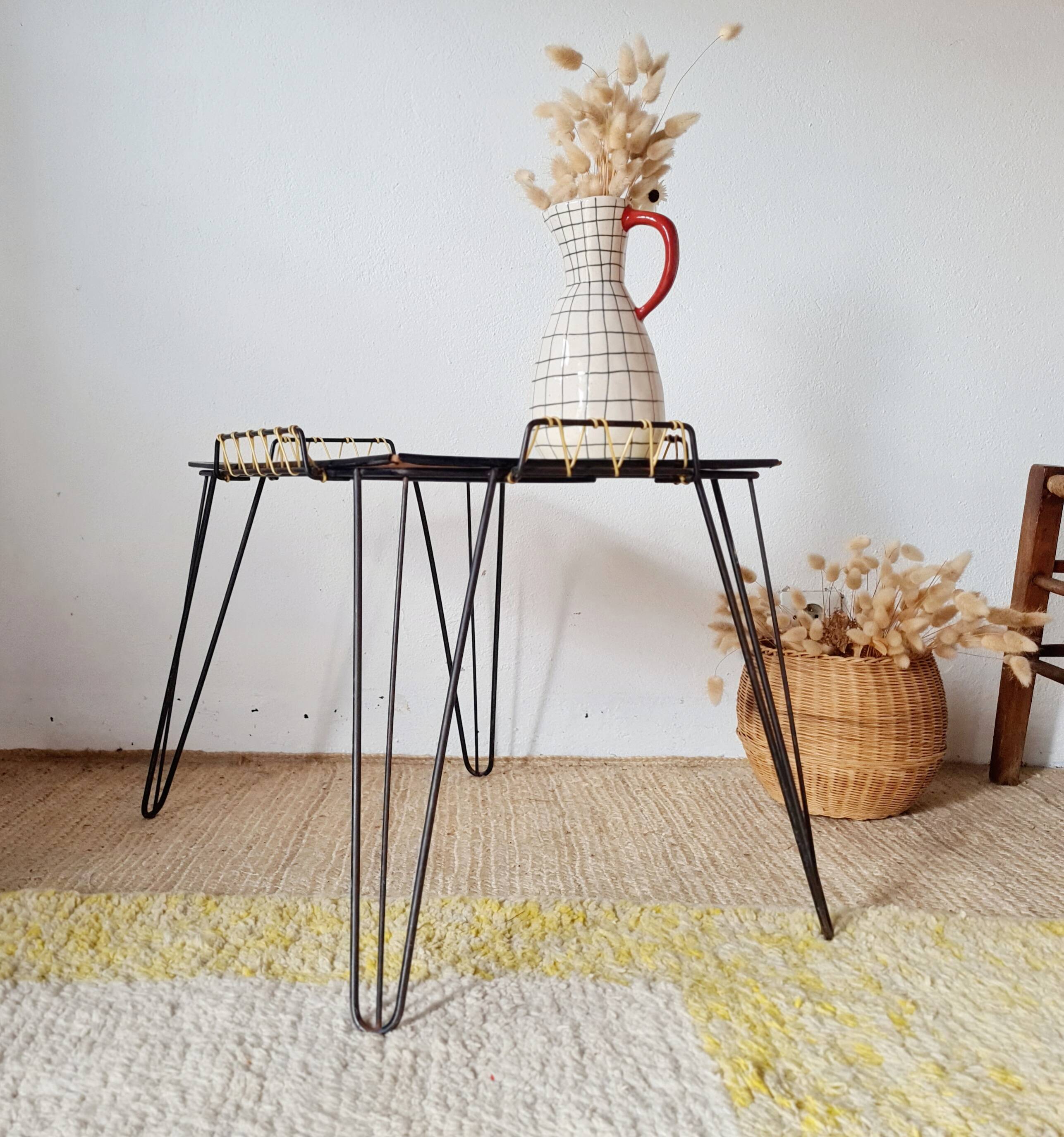 Black metal side table with scoubidou, 1950s