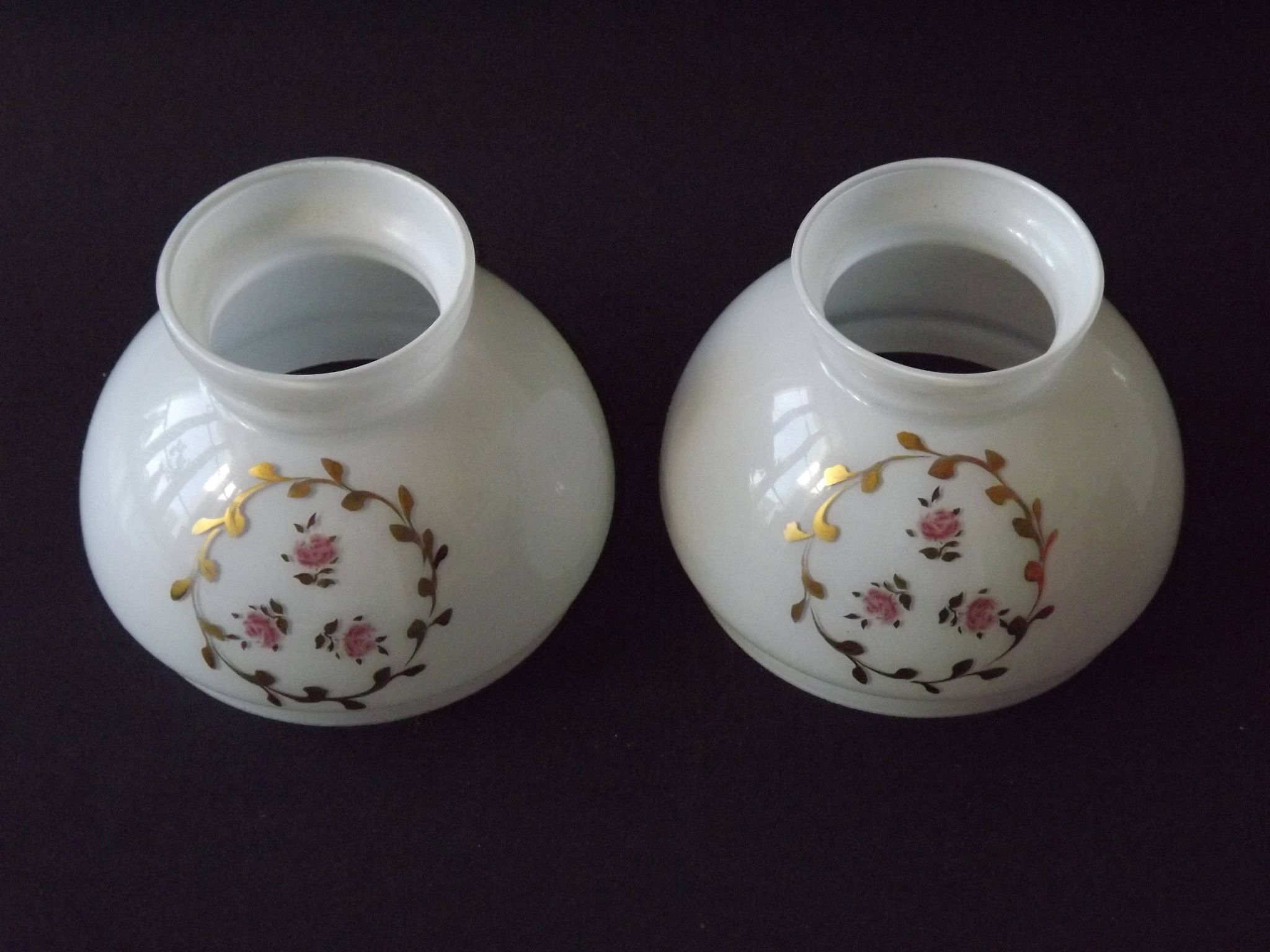Pair of Vintage White Milk Glass Lamp Shades With Pink Roses & Gold Foliage