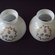 Pair of Vintage White Milk Glass Lamp Shades With Pink Roses & Gold Foliage