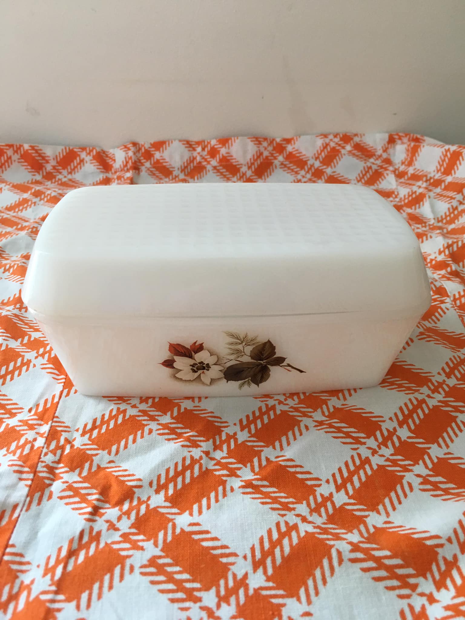 Old butter dish in Arcopal flower decoration