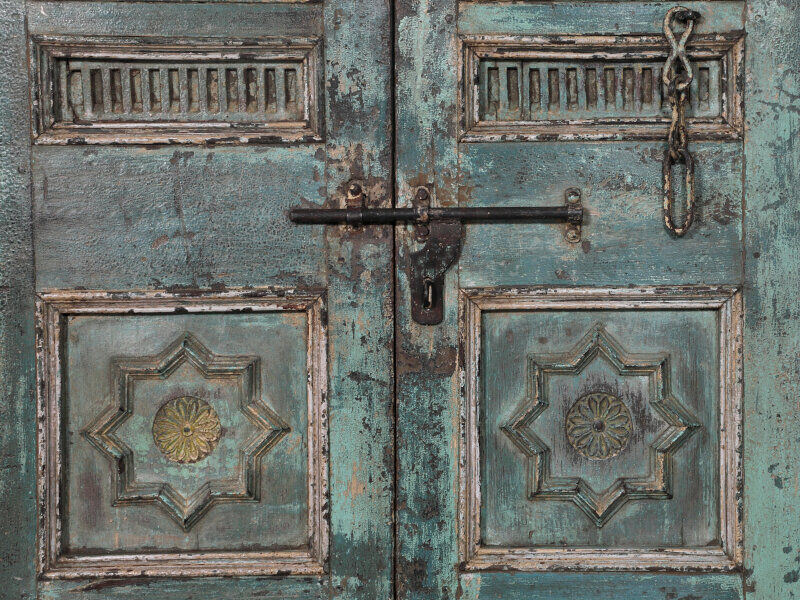 Old indian door green piece and patina of origin 120x20x200cm