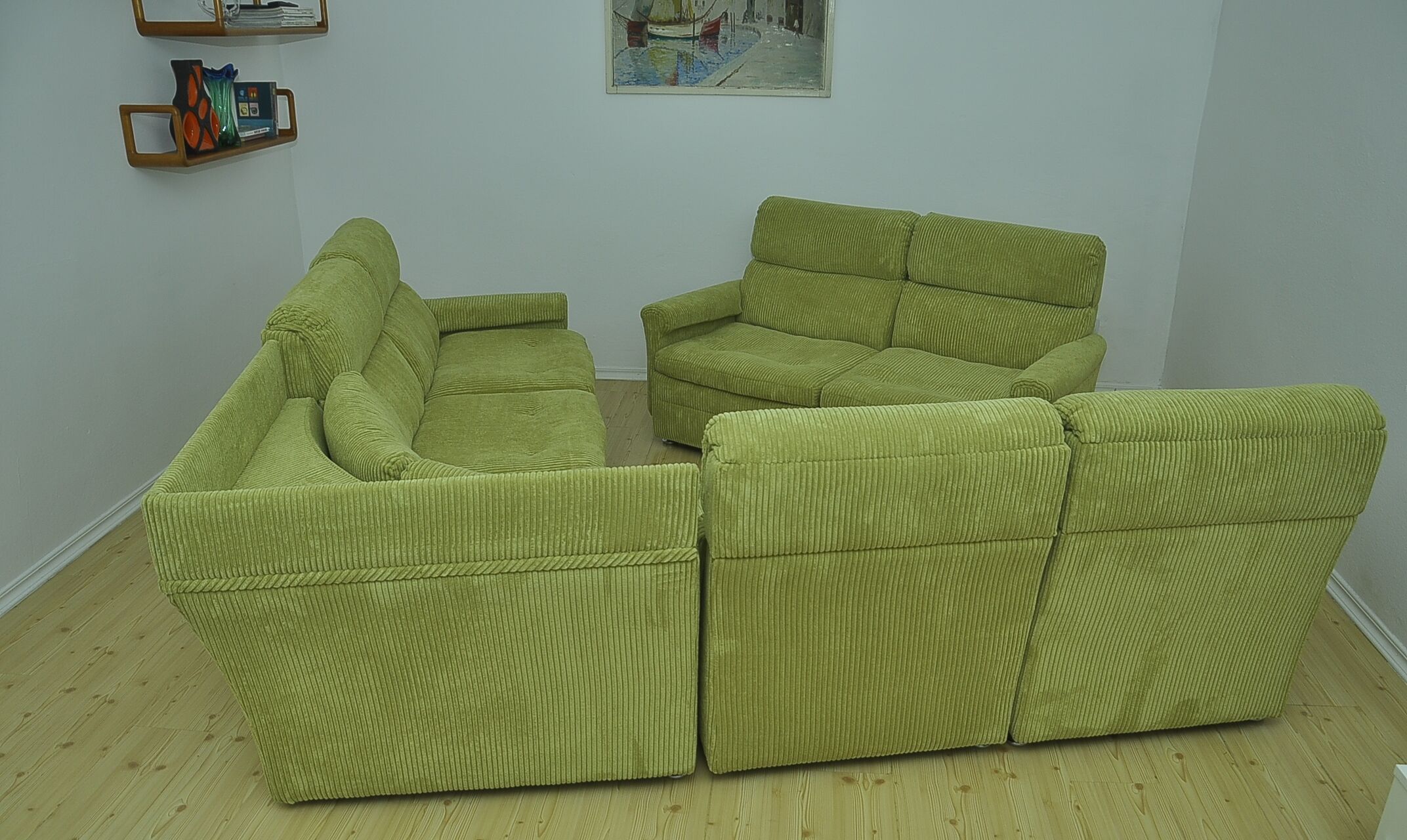 Green corduroy modular sofa from the 70s, 7 pieces