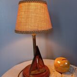 Marine table lamp with wooden base, brass sailboat, jute lampshade