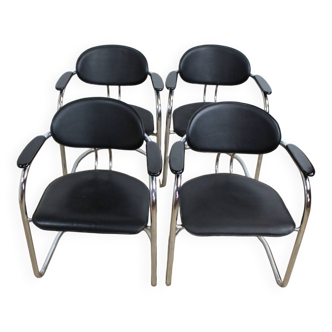 4 vintage leather and chrome tube cantilever chair from effezeta 1980 italy