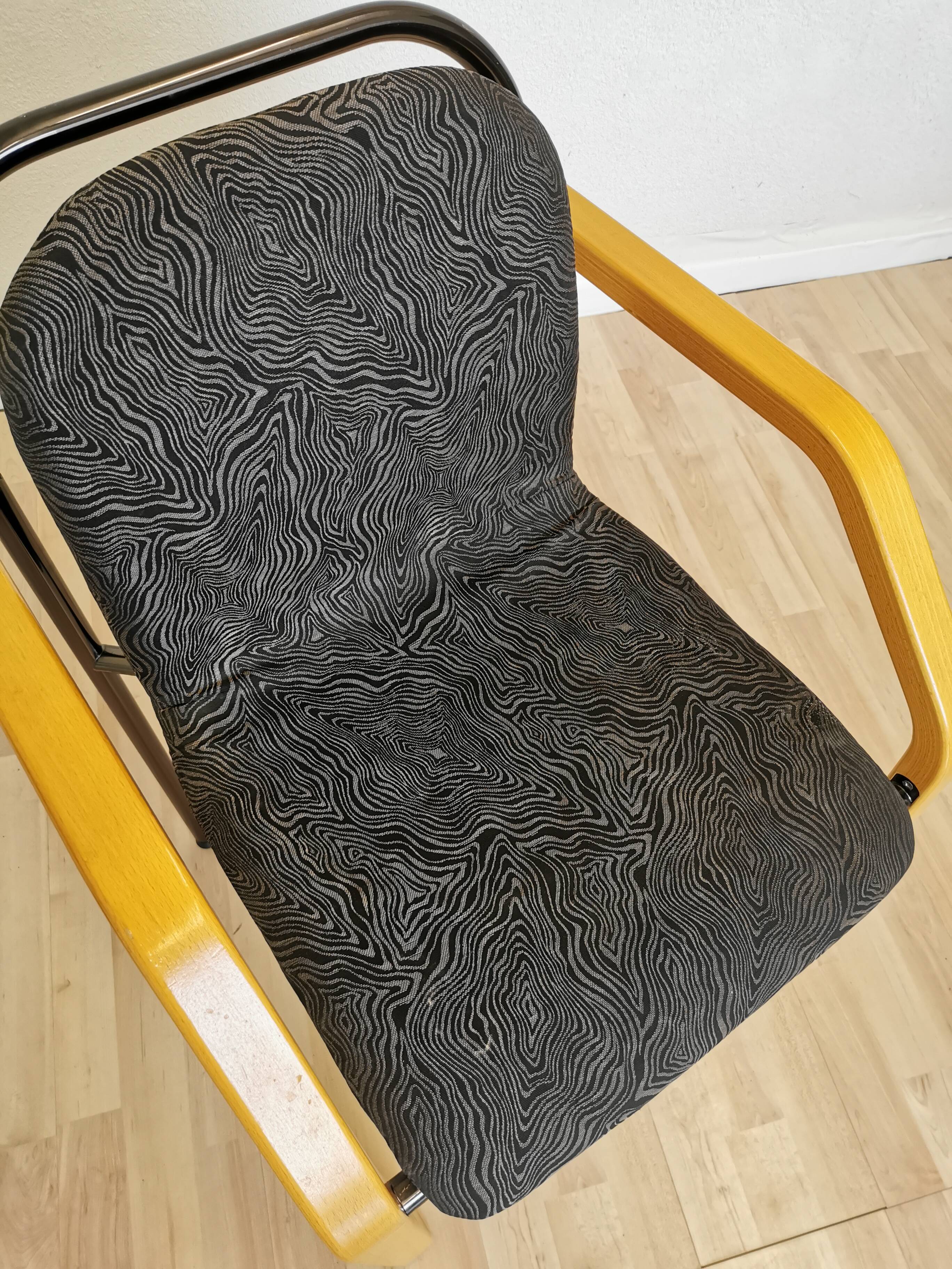 Vintage Beech Wood Dining Chair: 1970s Space Age Black Fabric