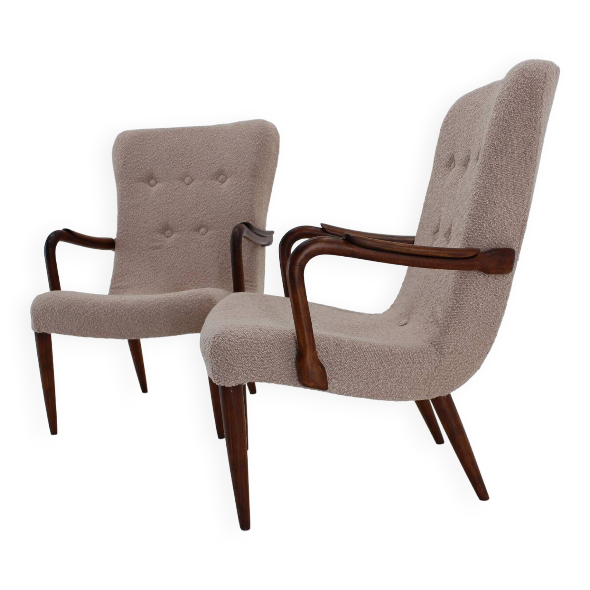 1960s pair of restored danish armchairs in boucle