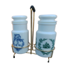 2 white opaline pots on a blue and green background with their Vintage rack/scoubidou