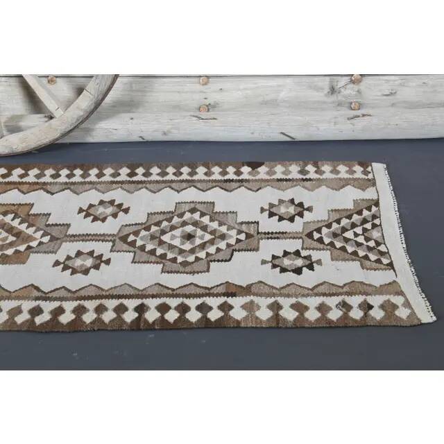 Tapis couloir vintage en laine et coton turc noué à la main blanc 90x307