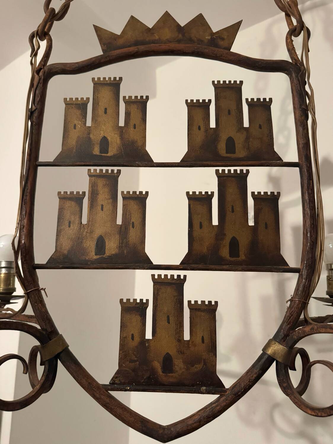 Medieval style heraldic wrought iron chandelier