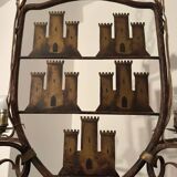 Medieval style heraldic wrought iron chandelier