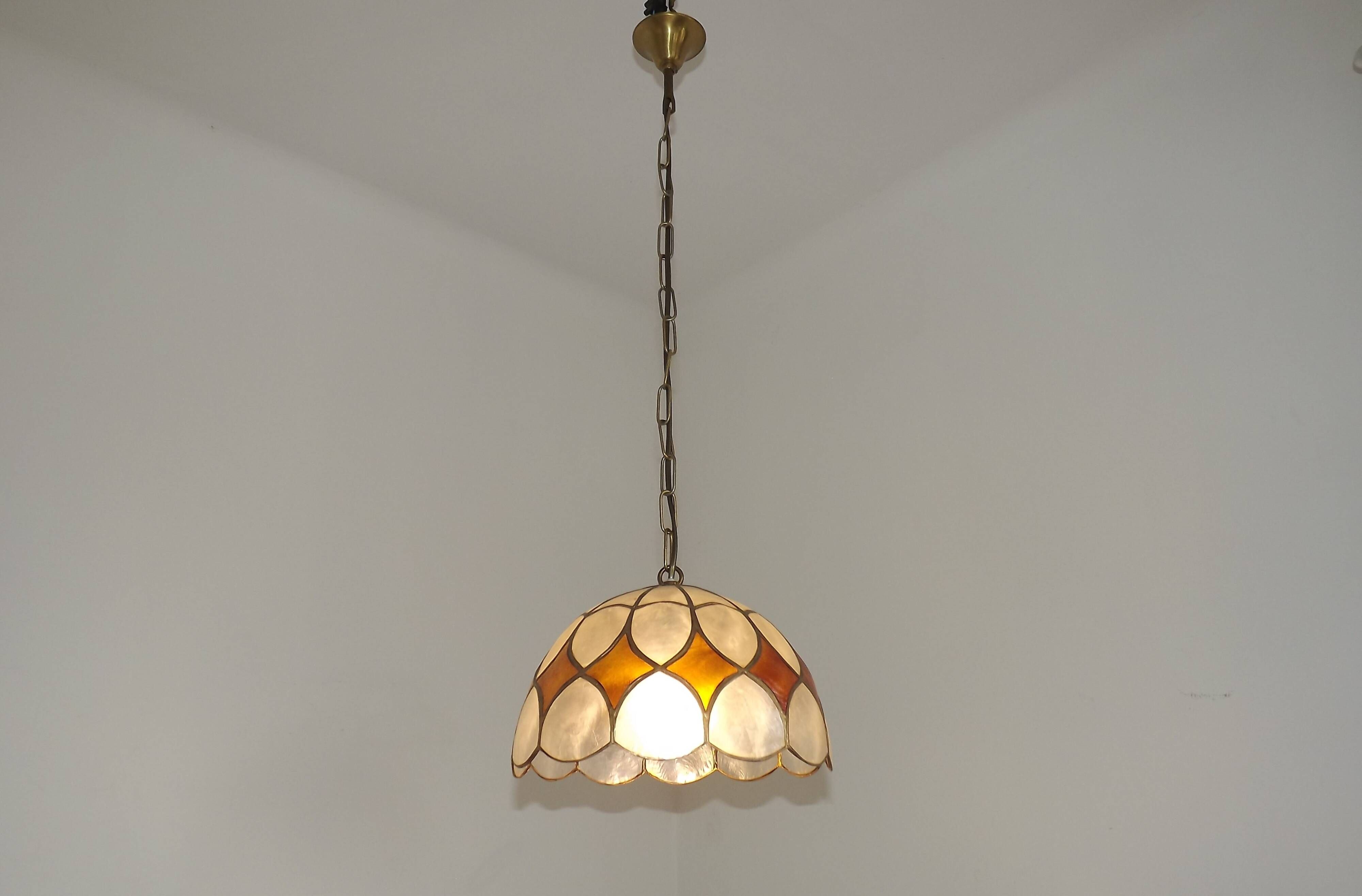 French Vintage Capiz Shell Hanging Pendant Light in Brown & White Gold Trim