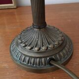 Old table/bedside lamp with glass shade with pink gradients and fringes.