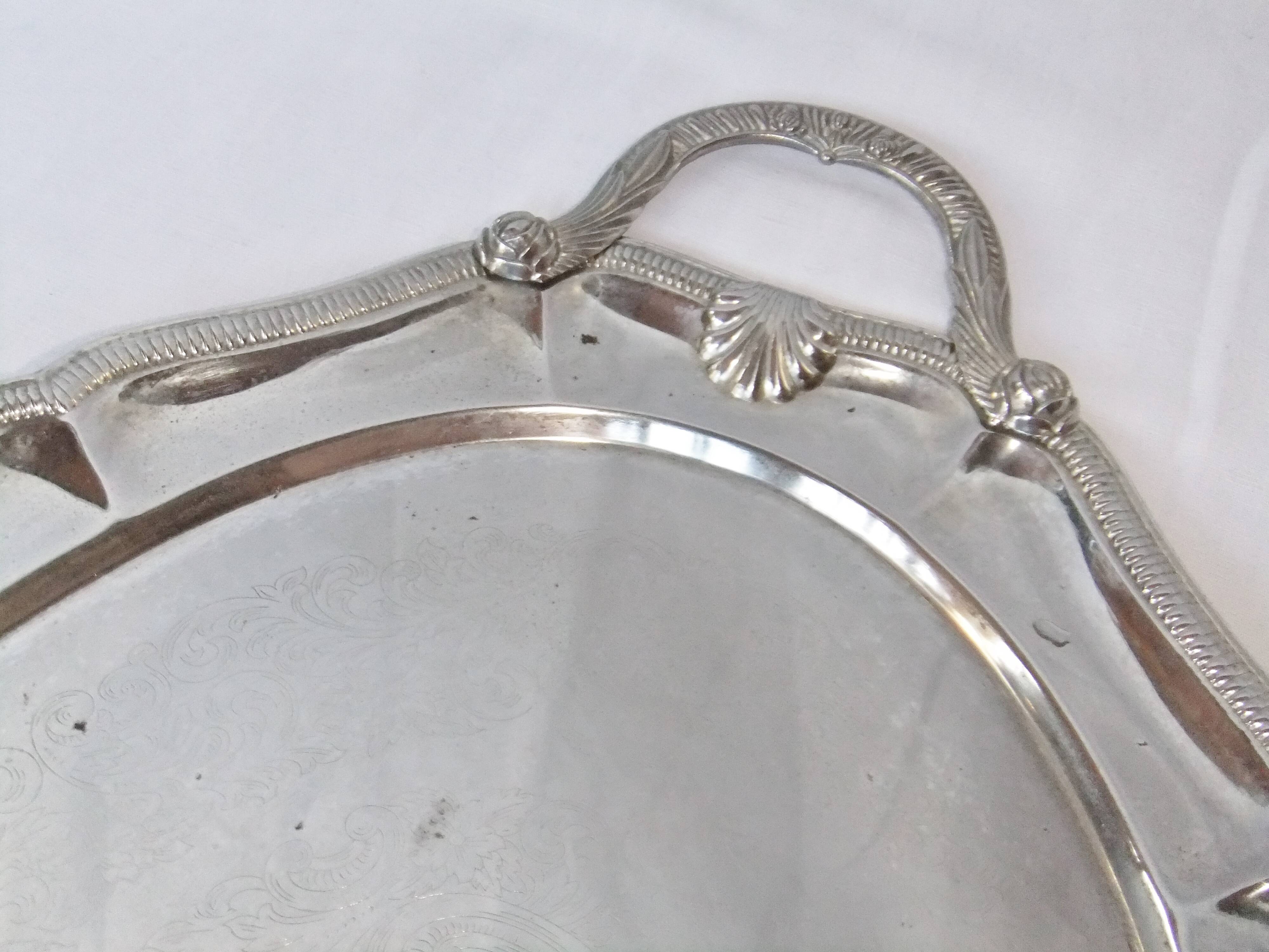 Old silver metal tray engraved tableware service