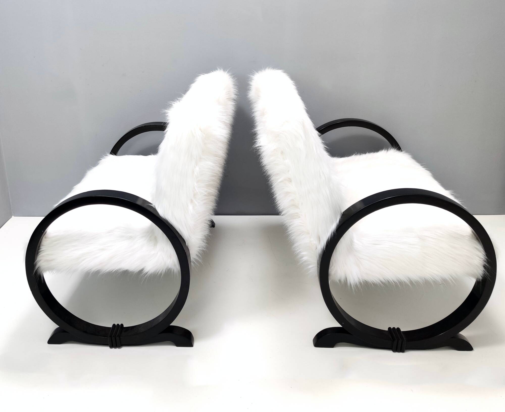 Vintage White Faux Fur Sofa with Black Wooden Frame, Italy