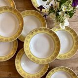 Lot de 12 assiettes creuses vintage jaunes, blanches et dorées