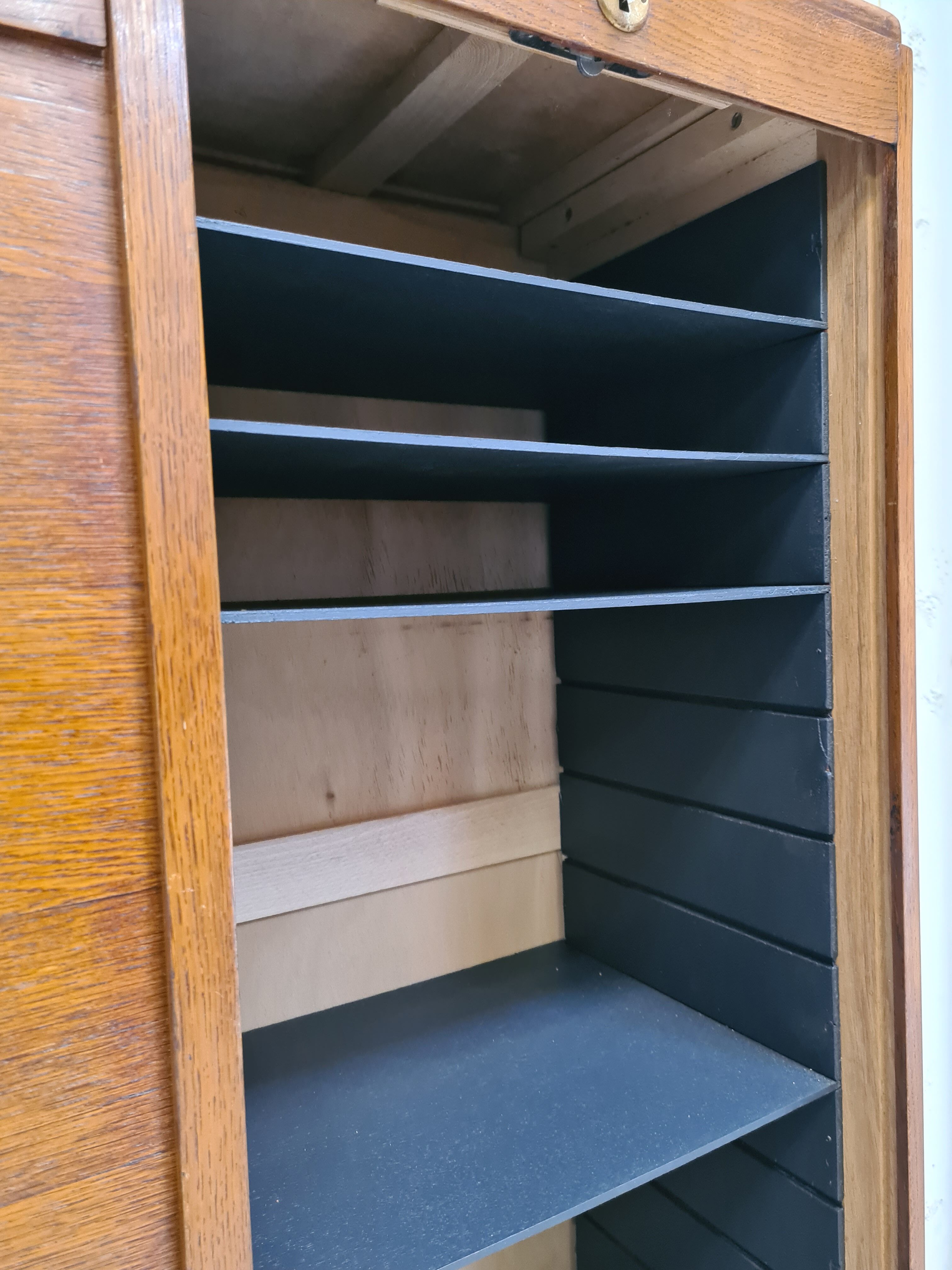 Renovated 1977 oak filing cabinet with double curtain