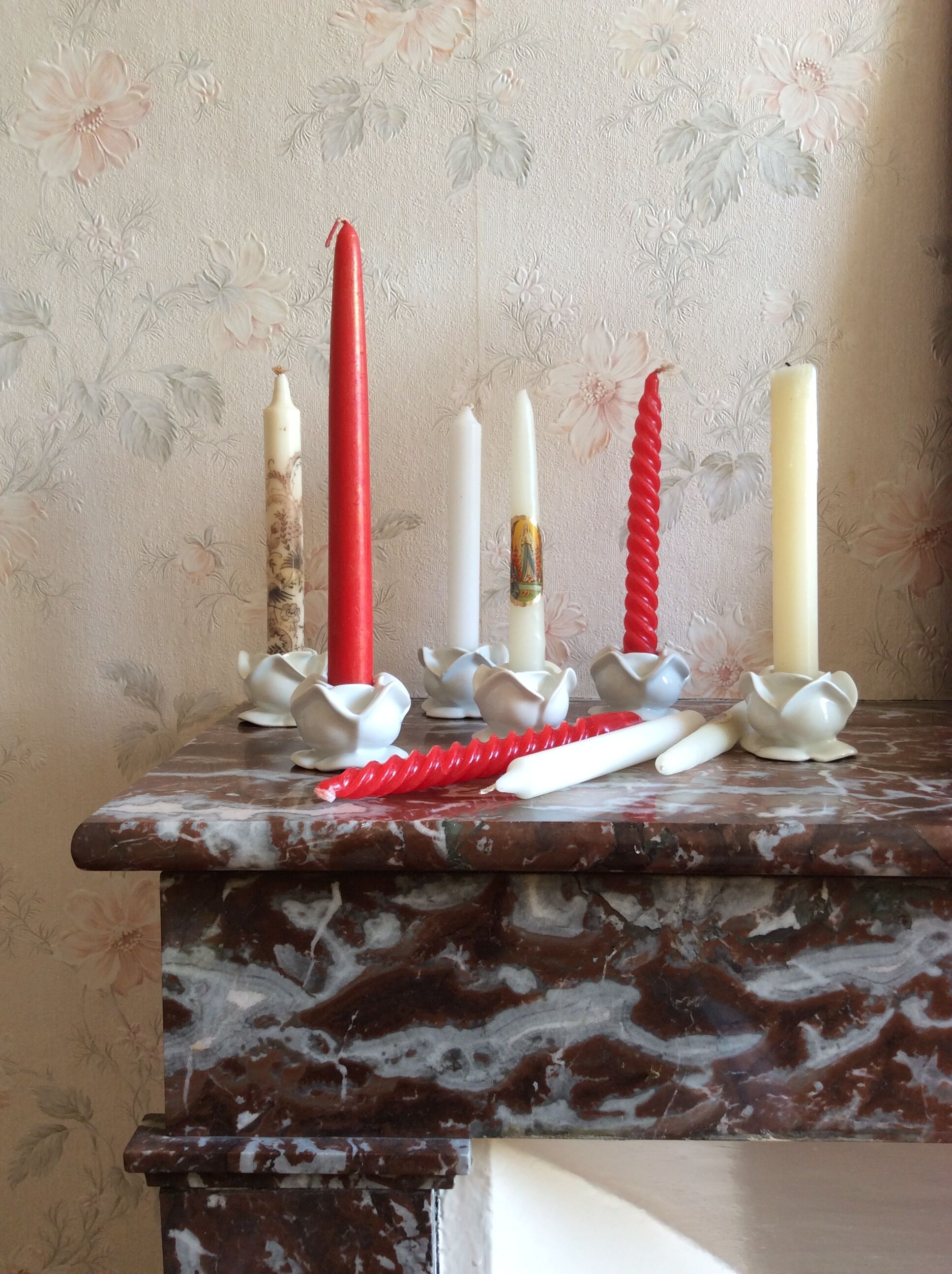 set of 6 pink candle holders in white porcelain