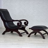 1970s, vintage armchair with footstool, black furniture leather.