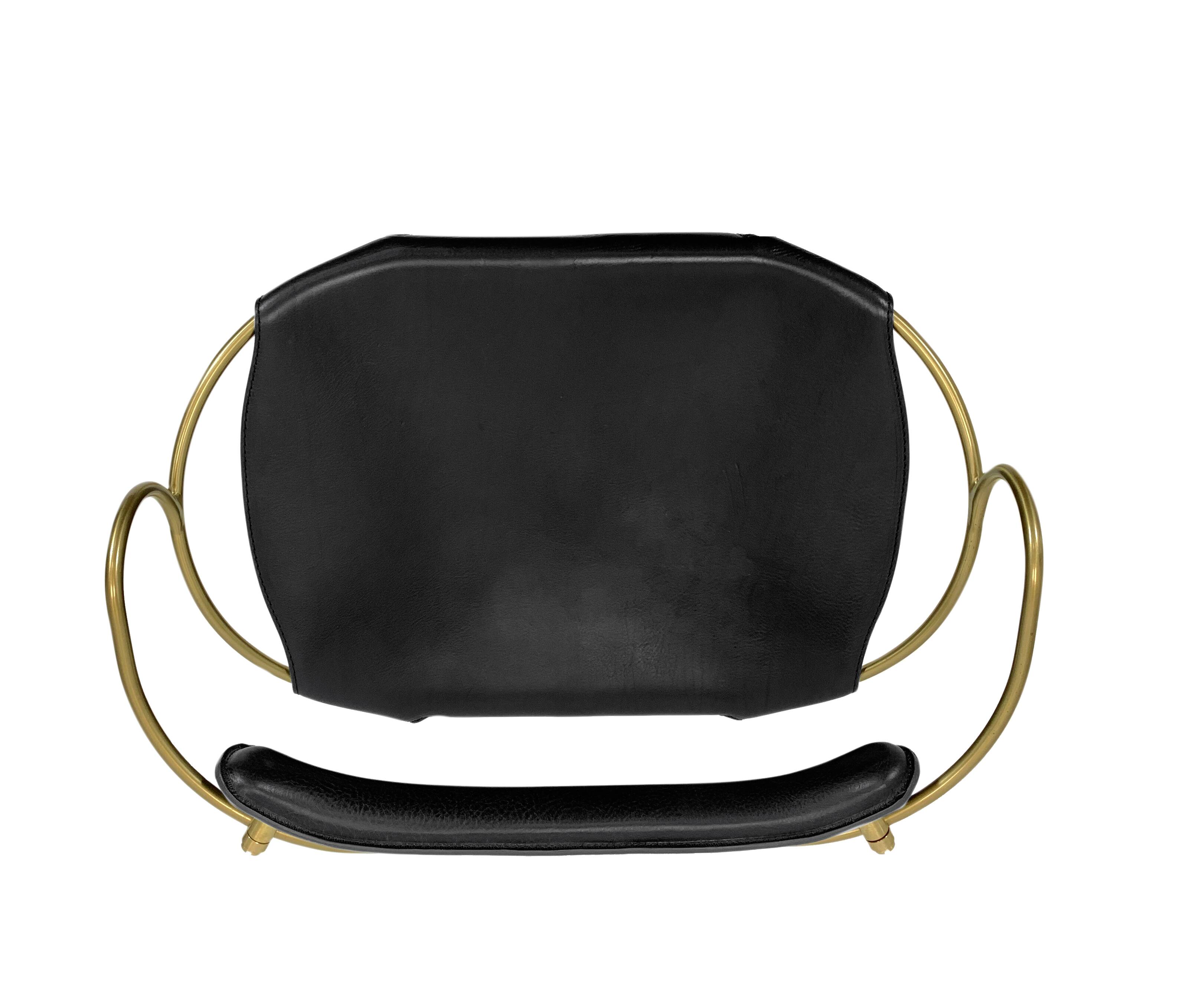 Contemporary Bar Stool with Backrest in Aged Brass Metal and Organic Black Leather