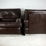 Pair of armchairs brown leather base stainless steel, France, circa 1970