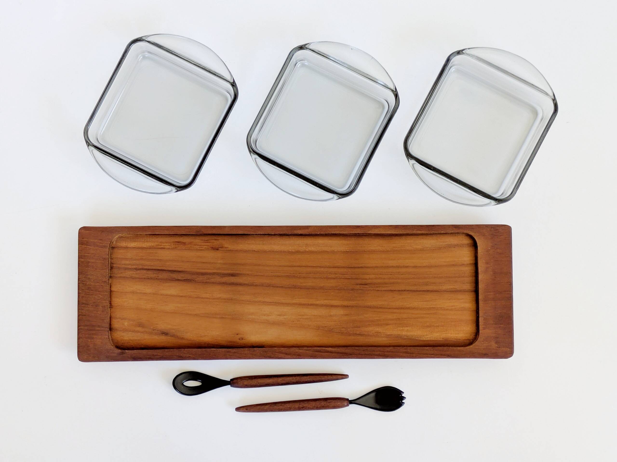 Danish vintage service teak tray, smoked glass bowls, spoon fork.