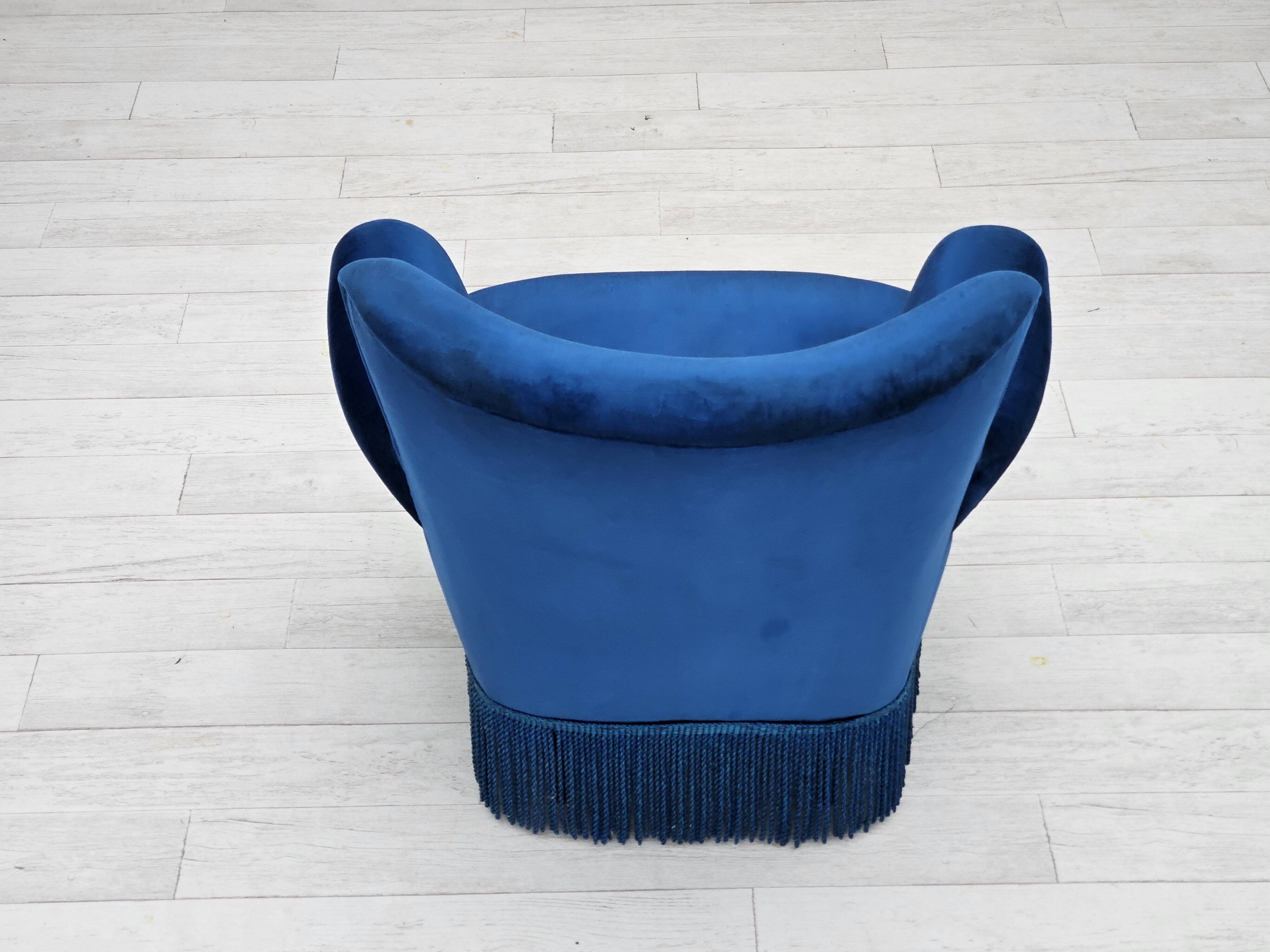 1960s, Danish lounge chair, blue furniture velour, beech wood legs.