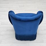 1960s, Danish lounge chair, blue furniture velour, beech wood legs.