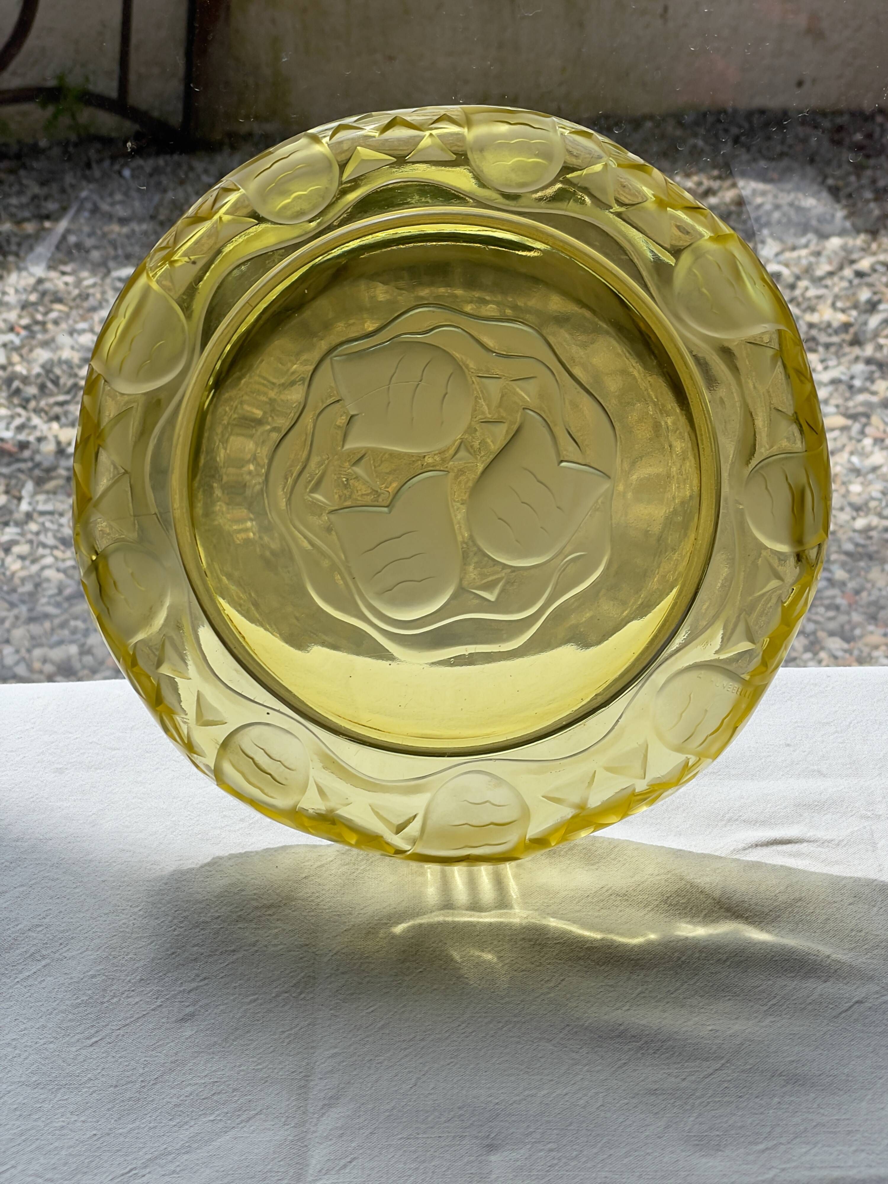 Rare Art Deco salad bowl by André Hunebelle in yellow molded pressed glass