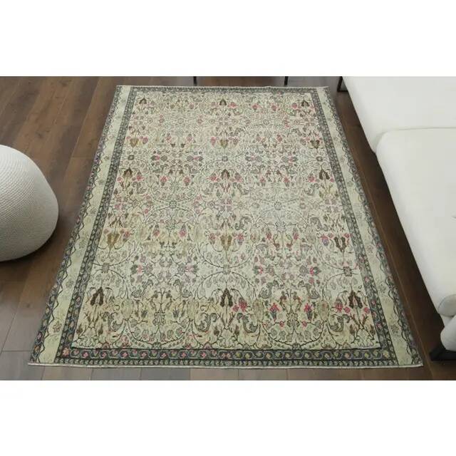1970s Vintage Turkish Oushak Handmade Wool Cotton Cream Area Rug 165x206