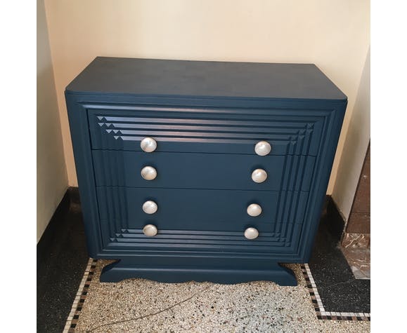 Wooden art deco dreser painted blue