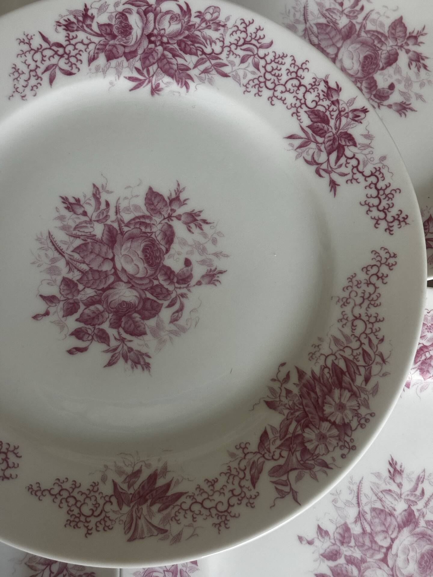 Set of 6 antique dessert plates in porcelain with pink flowers.