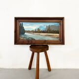 Tableau, huile sur carton « Rivière dans les Alpes »