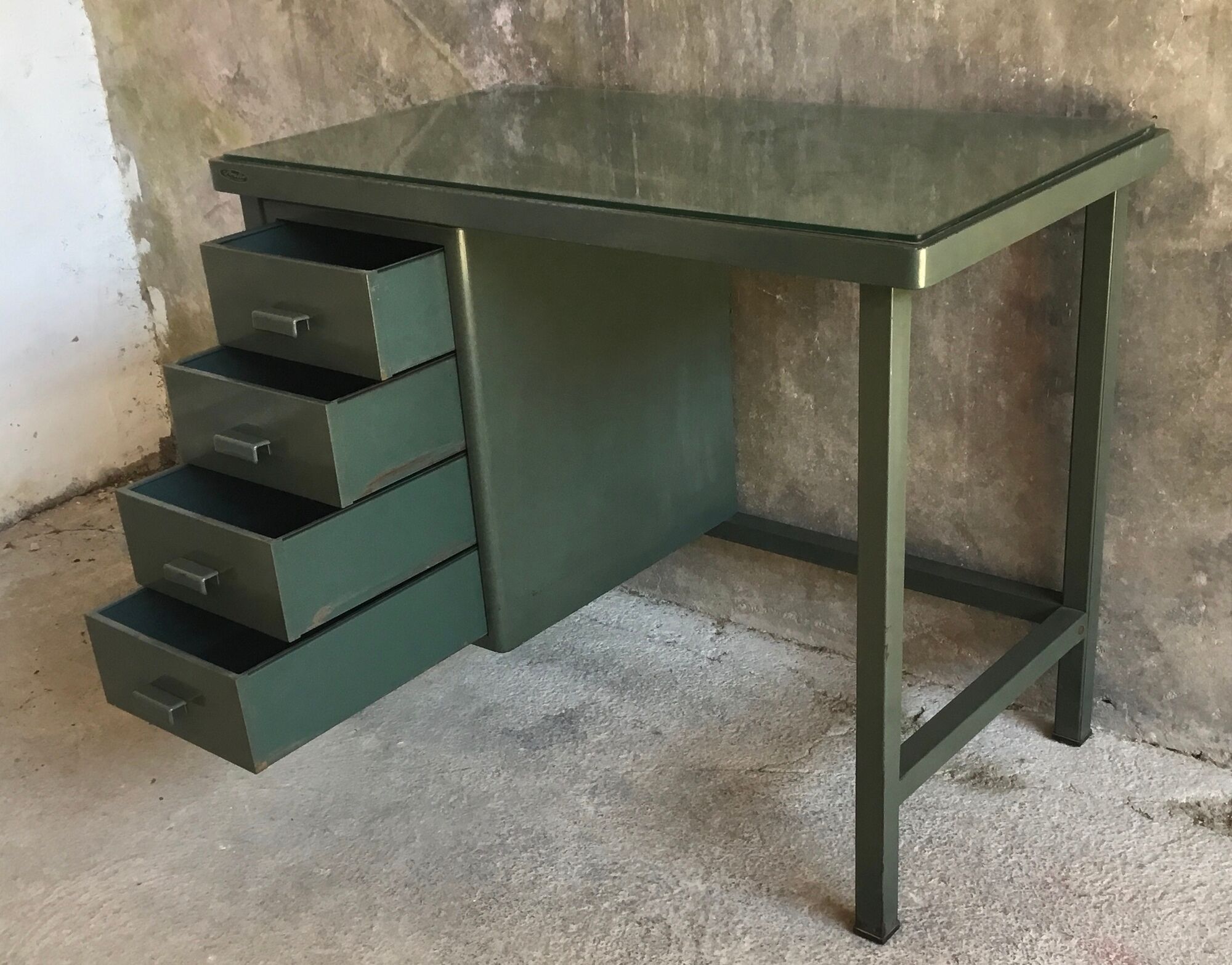 Small metal industrial desk with column of 4 drawers - industrial - 1960