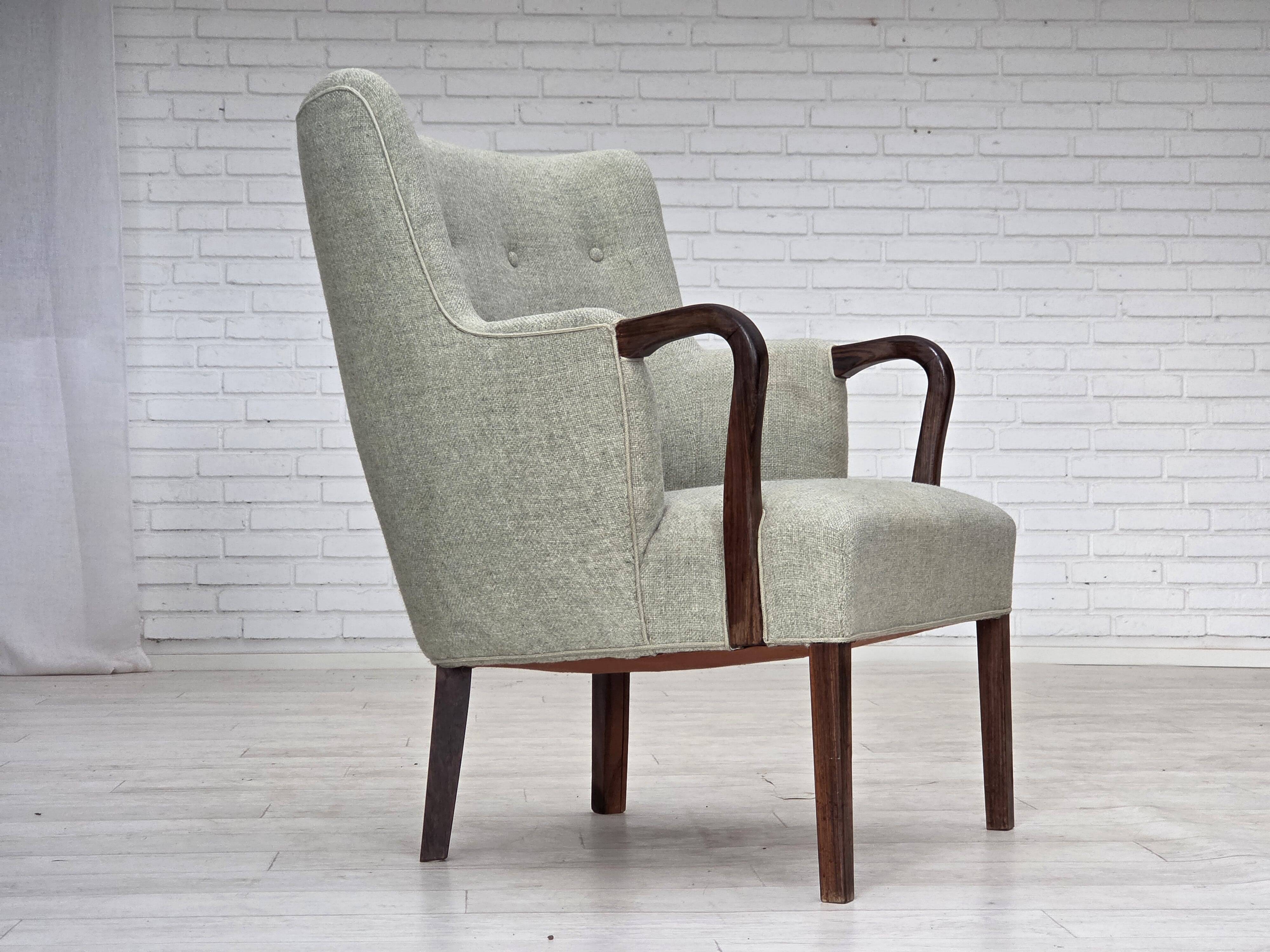 1960s, Danish armchair, original light grey furniture wool, teak wood.