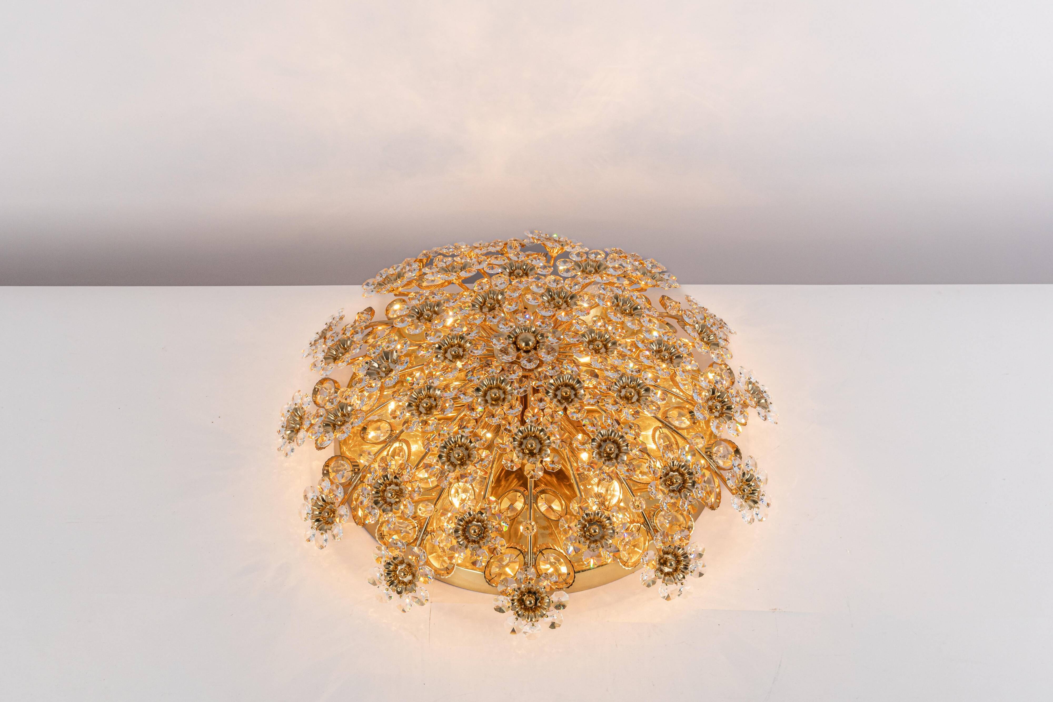 Brass ceiling light with cut glass flowers by Palwa, Germany, 1970s.